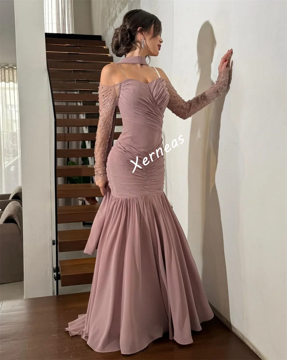 Robe longue de soirée en mousseline de soie, personnalisée, plissée, perles, charmante, épaules dénudées, trompette, sur mesure, pour occasions, haute qualité