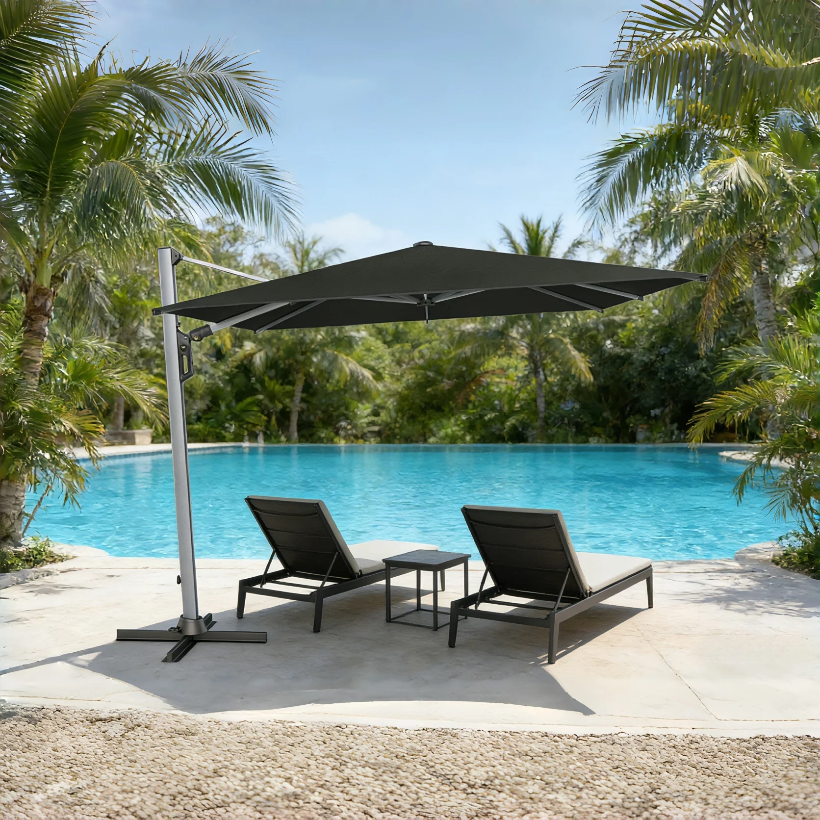 #Commercial Outdoor Offset Patio Umbrella 360 Swivel Base W/ Foot Pedal Die-Cast Crank Waterproof Anti-UV 250g PA Polyester