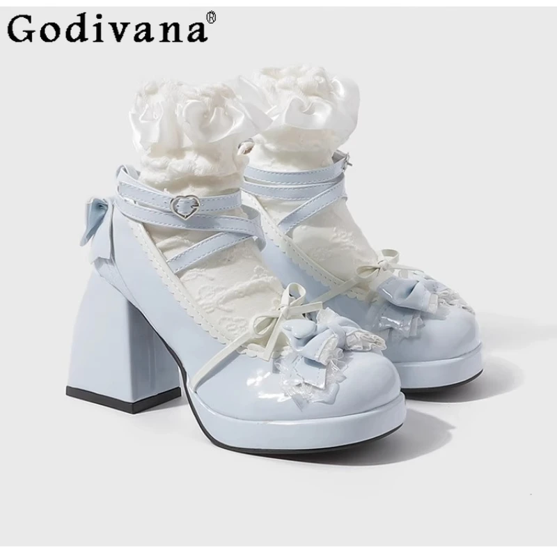 لوليتا الحلو JK حذا فردي للسيدات الفتيات النمط الياباني لوليتا ماري جين أحذية النساء عالية الكعب كعب مكتنز القوس أحذية من الجلد