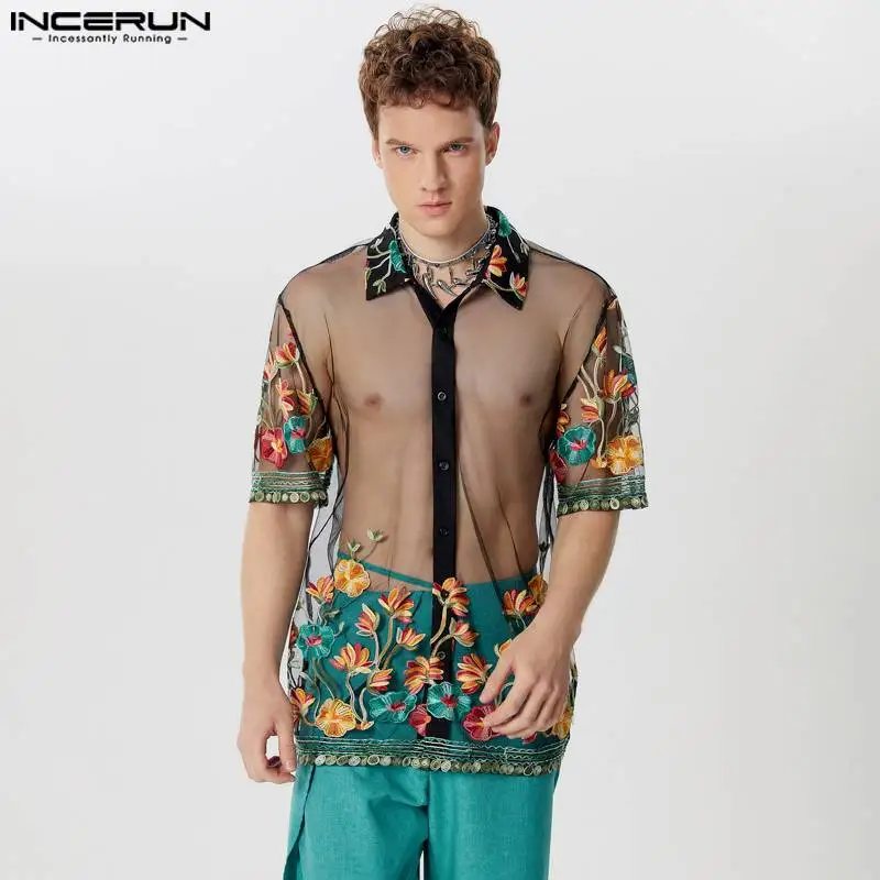 Sexy Stylish Mens Clothing INCERUN Perspective Mesh Floral Shirts Fashionable Clubwear Male Thin Short Sleeved Blouse S-3XL 2024