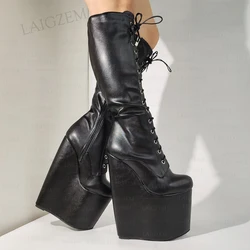 LAIGZEM Women Knee High Boots Platform Wedges Full Zipper 20cm Super High Tall Boots Handmade Shoes Woman Big Size 37 41 43 47