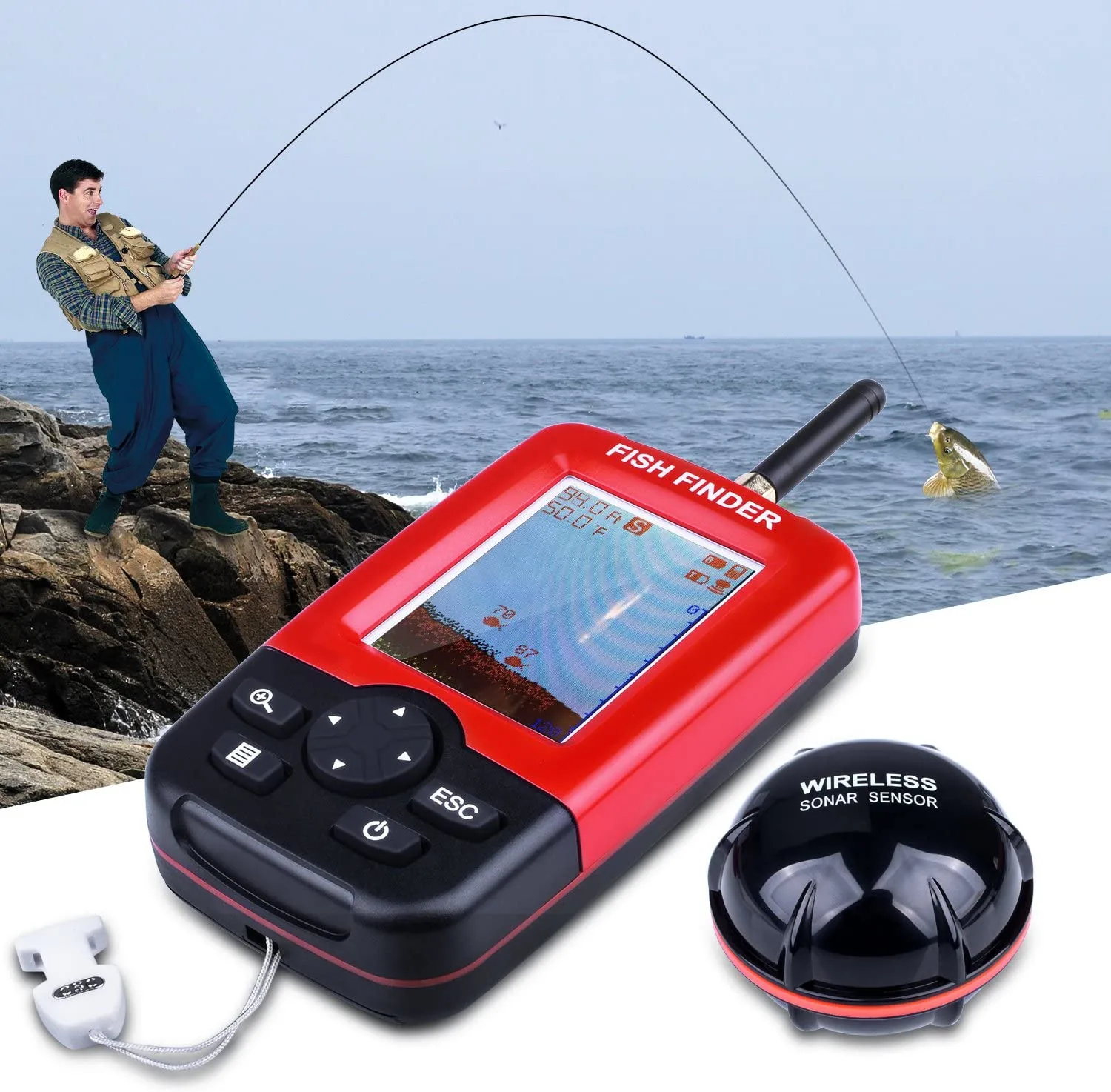 FindFish جهاز كشف الأسماك اللاسلكي المحمول XJ01 Sonar Fishing Echo Sounder Detector - ملحقات الصيد