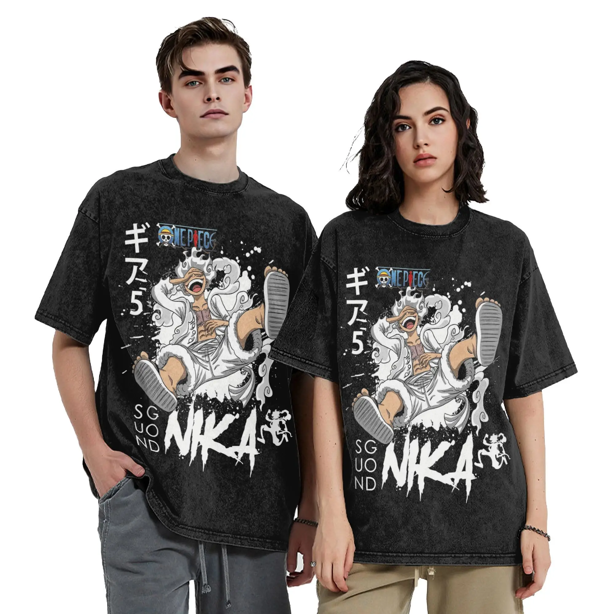 

Happy Luffy Anime Vintage Washed T-Shirt One Piece Creative Cotton Tees Round Collar Short Sleeve T Shirt Big Size Clothing