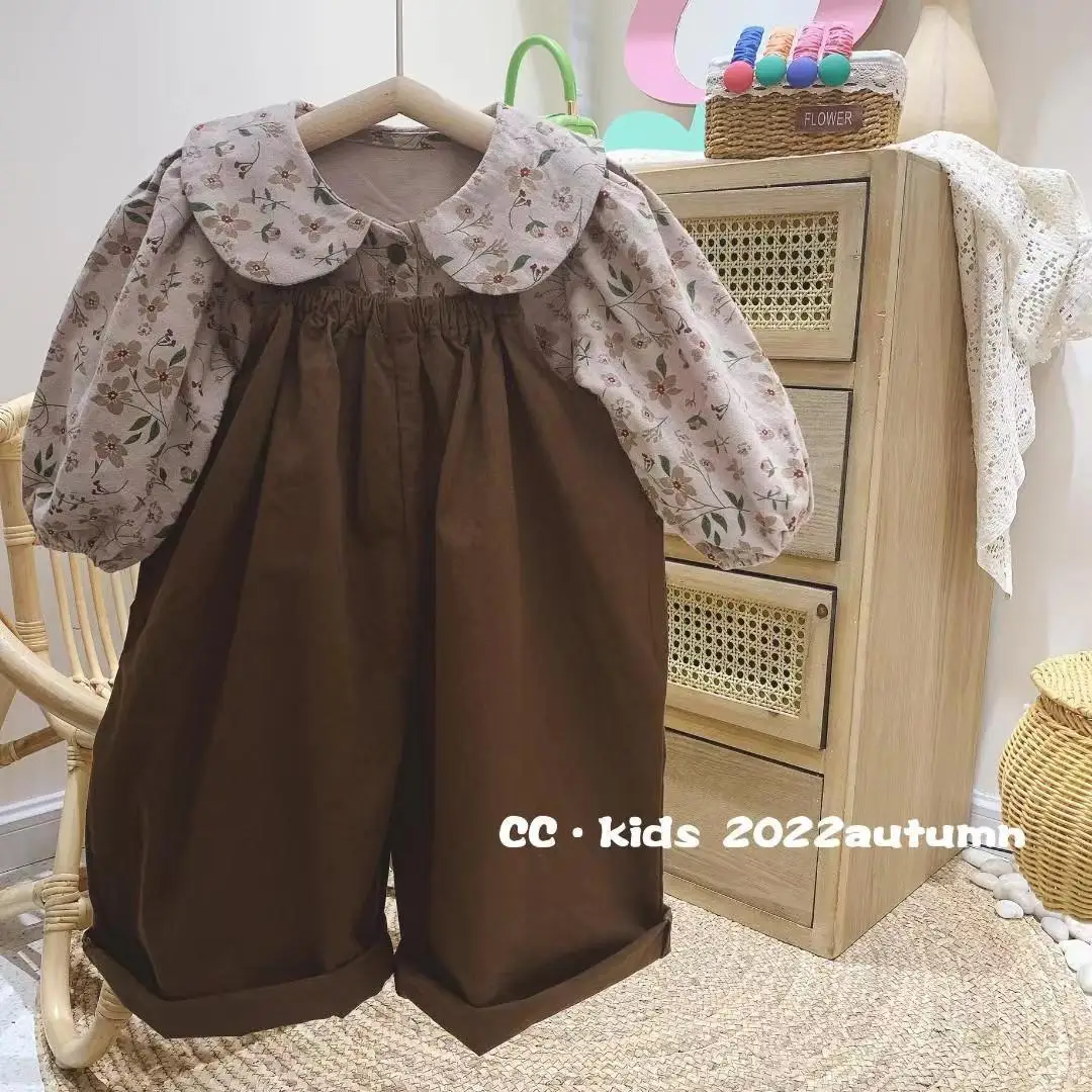 Girls Children Sets New Spring Autumn Two Piece Set Girl Baby Korea Strap Pants Fragmented Flowers Shirt Vintage Stripe