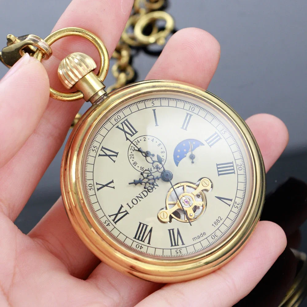 

NEW Luxury golden Pure copper Mechanical Pocket Watch Roman Numerals Moon-phase Pocket Clock with Chain