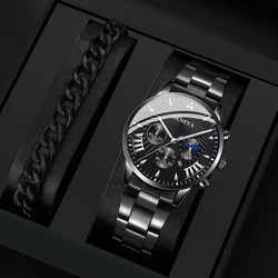 2PCS Fashion Mens Black Bracelet Watches Set Men Business Stainless Steel Quartz Watch Male Calendar Wristwatch