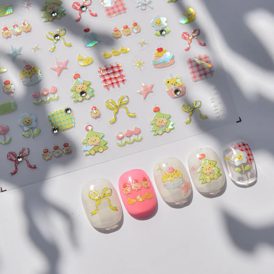 Nail Art Stickers Christmas Bear Rhinestone Self Adhesive Phone Case Decals Kids Cute Trendy Lightweight Colorful for Children
