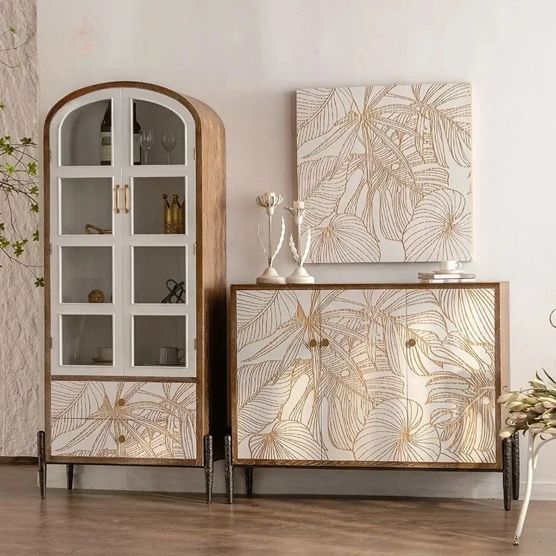 

Sideboard Buffet Cabinet Kitchen Storage Cabinet with Glass Doors Mid Century Leaf Nature Wilderness Cupboard Console Table