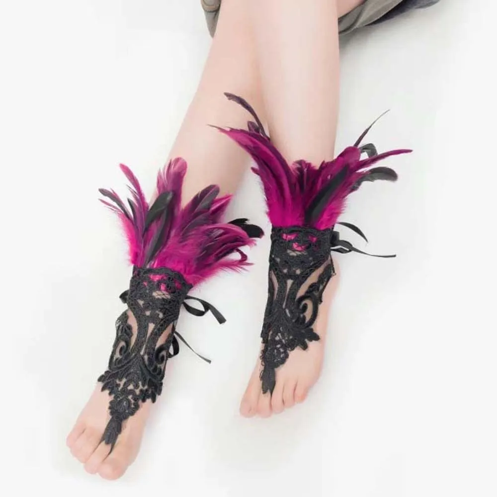 

Wristband Halloween Feather Gloves Embroidery Gothic Feather Lace Glove Retro Dark Women Halloween Cuffs Wrist Accessories