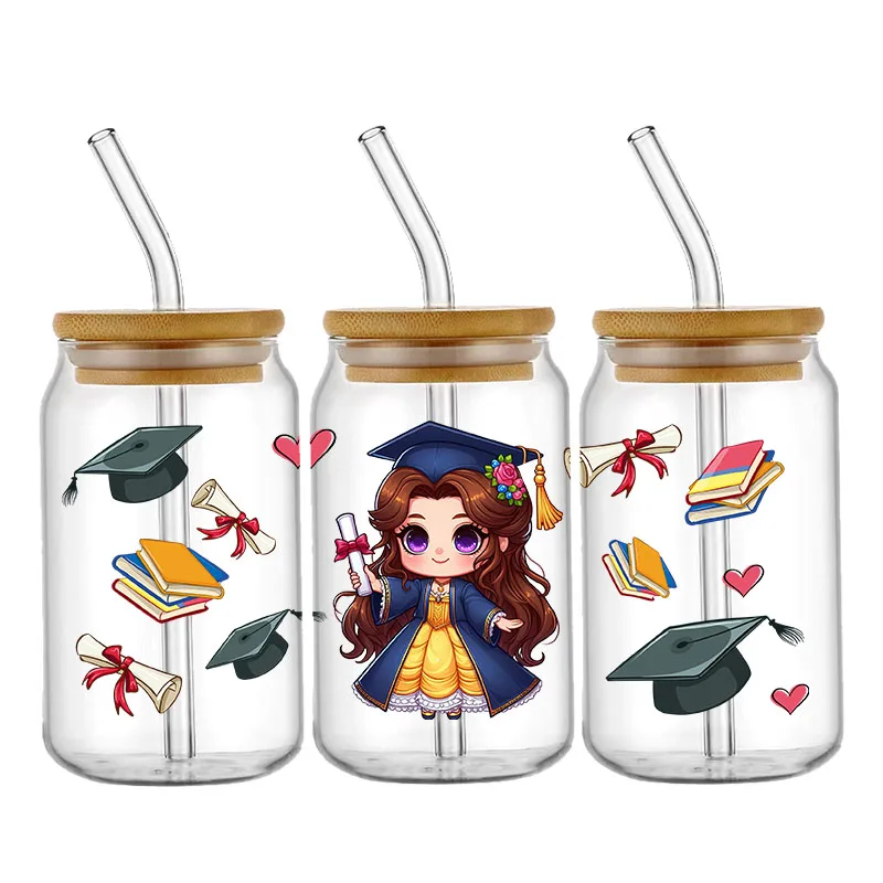 Disney Graduation Princess Stitch 16OZ UV DTF Cup Wrap Transfers Stickers Custom Labels DIY Waterproof Logo For Libbey Glass Can