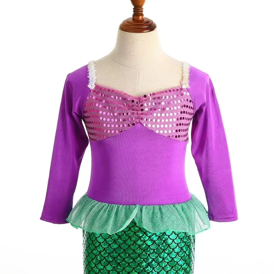 Disney Christmas Holiday Birthday Party Mermaid Princess Same Style Girl Ariel Cosplay Long Sleeve Mermaid Dress Accessory Suit