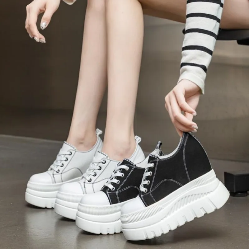 

12cm Genuine Leather Platform 2025 Wedge Flats Shoes Chunky Sneaker Casual Comfy High Brand Spring Autumn Vulcanize Shoes