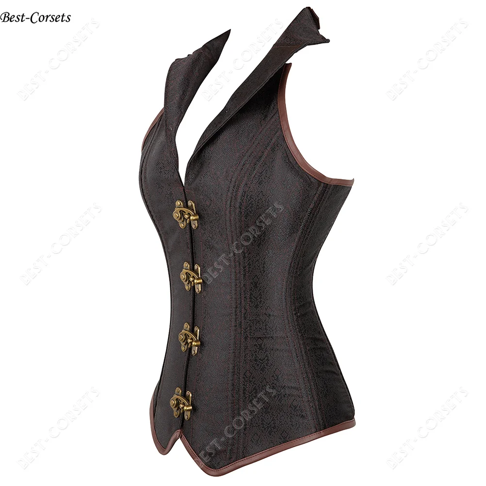 Steampunk Corsets and Bodices for Women Faux Leather Gothic Corset Top Halter Lace Up Medieval Noble Corset V Neck