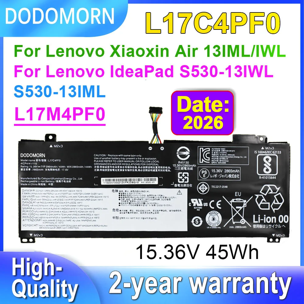 DODOMORN Laptop Battery L17C4PF0 L17M4PF0 For Lenovo Xiaoxin Air 13IWL 13IML,Ideapad S530-13IWL 4ICP4/41/110 15.36V 45Wh OEM