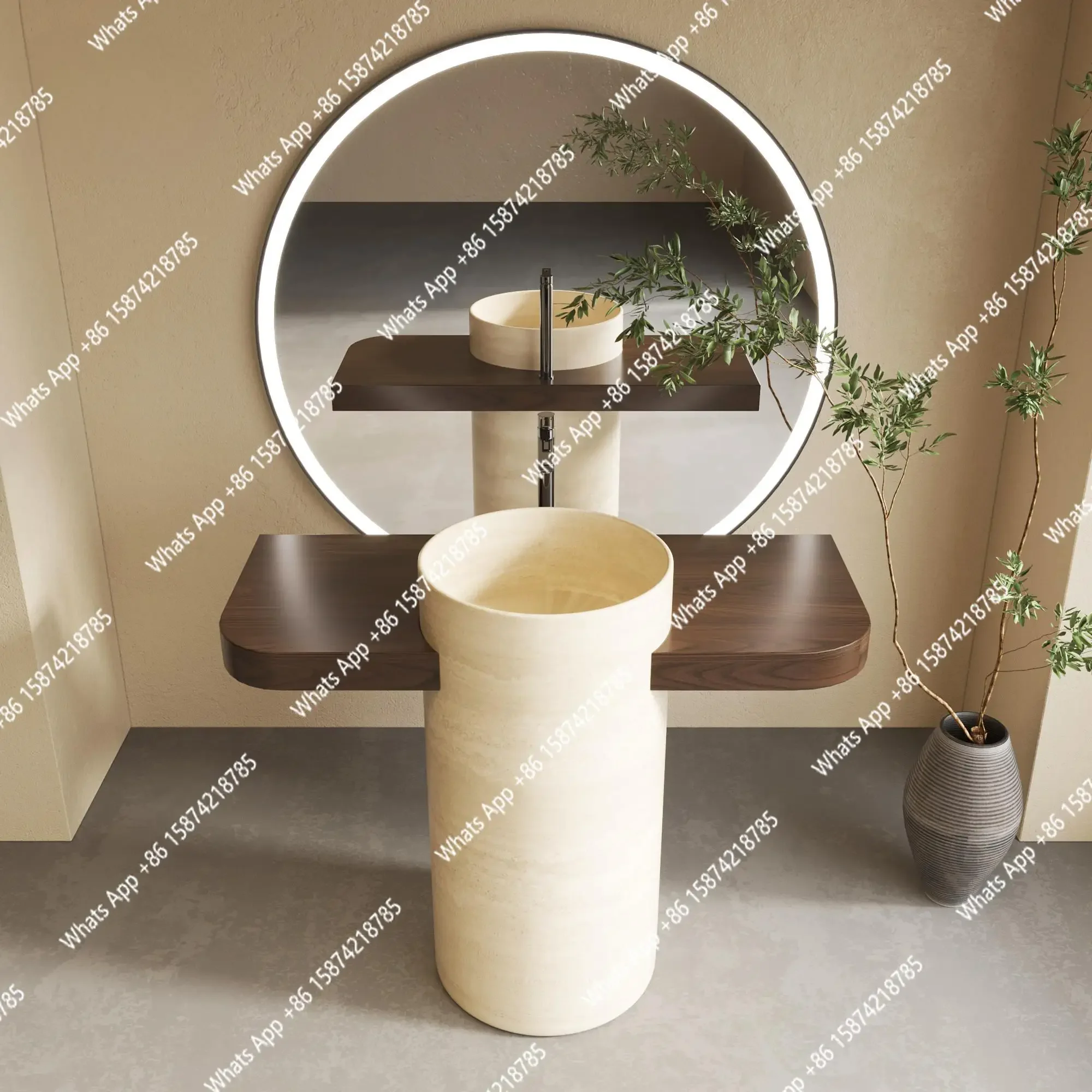 

XS Mid-Century T-Shaped Vanity, Vintage Travertine Floor-Standing Bathroom Cabinet, Stain Resistant & Durable, Customizable