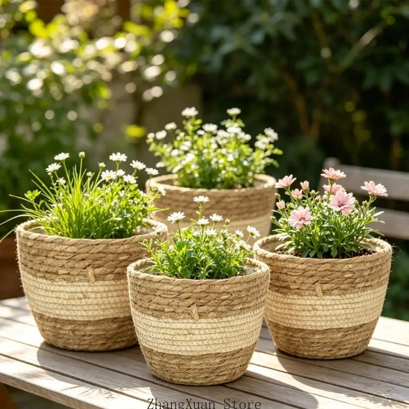 3 Stück neutrale farbblockierte Blumentopfkörbe, abgestufte Naturfaserabdeckungen 3XUF – Detail 2