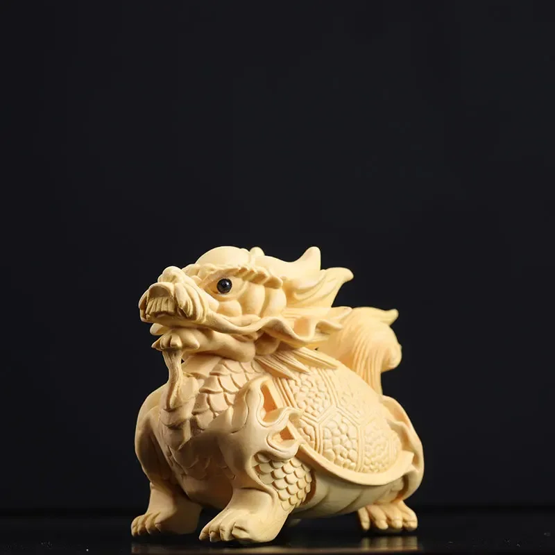 Natural Boxwood 7CM Dragon Turtle Solid Wood Carving Feng Shui Animal Wood Statue Chinese Dragon Sculpture Home Decor