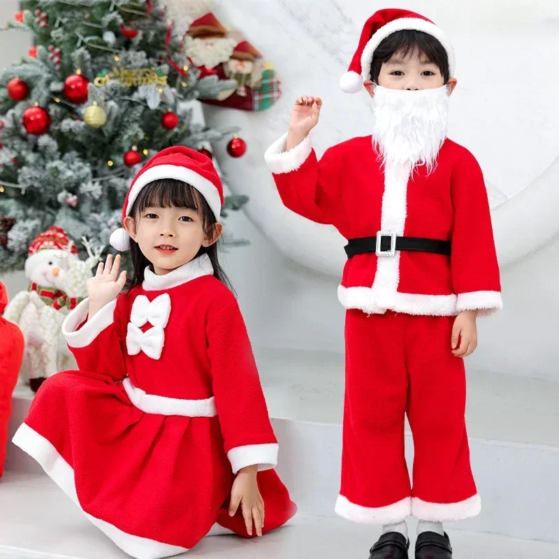 Costume de père noël pour enfants, ensemble de robe rouge de fête de carnaval de noël, vêtements de divertissement familial pour filles et garçons du nouvel an