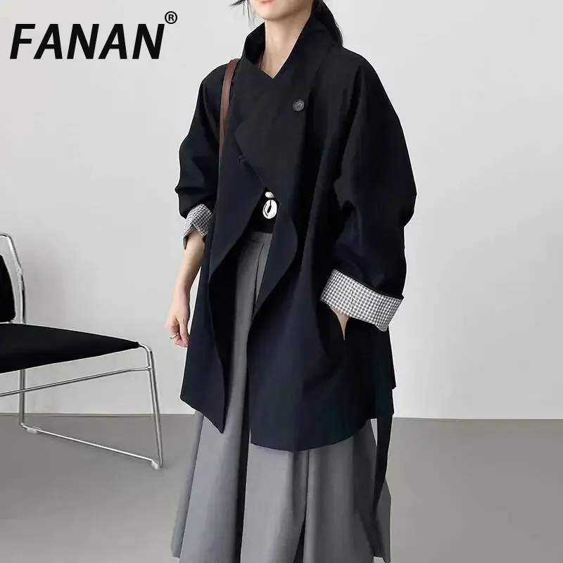 FANAN Korean Style British Style Stand Collar Trench Coat For Women Loose Slim Waist Small Size Mid-Length Coat Female