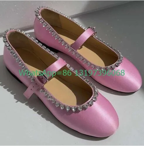 Lady Elegant Pink Denim Mary Jane Ballet Shoes Rhinestone Design Buckle Strap Runway Pink Stain Shoes Sequins Footwear Size 3443