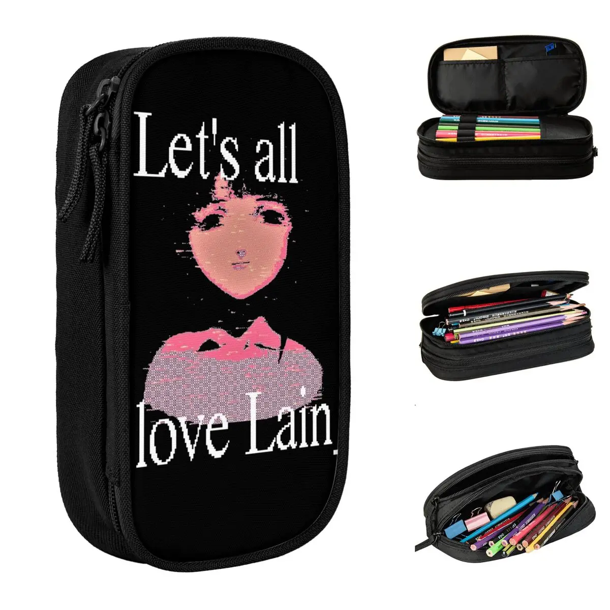 Lets All Love Lain Serial Experiments Lain Pencil Case Fashion Anime Pen Bag Kids Large Storage Office Cosmetic Pencilcases