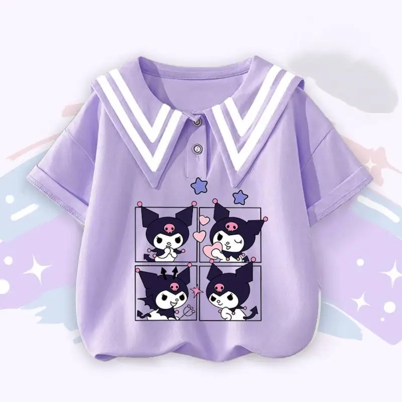 

Sanrio Short Sleeve Kuromi Summer Navy Neck Cinnamoroll T-Shirt Thin Children Cotton Baby Versatile Hot Cartoon Kawaii Pattern