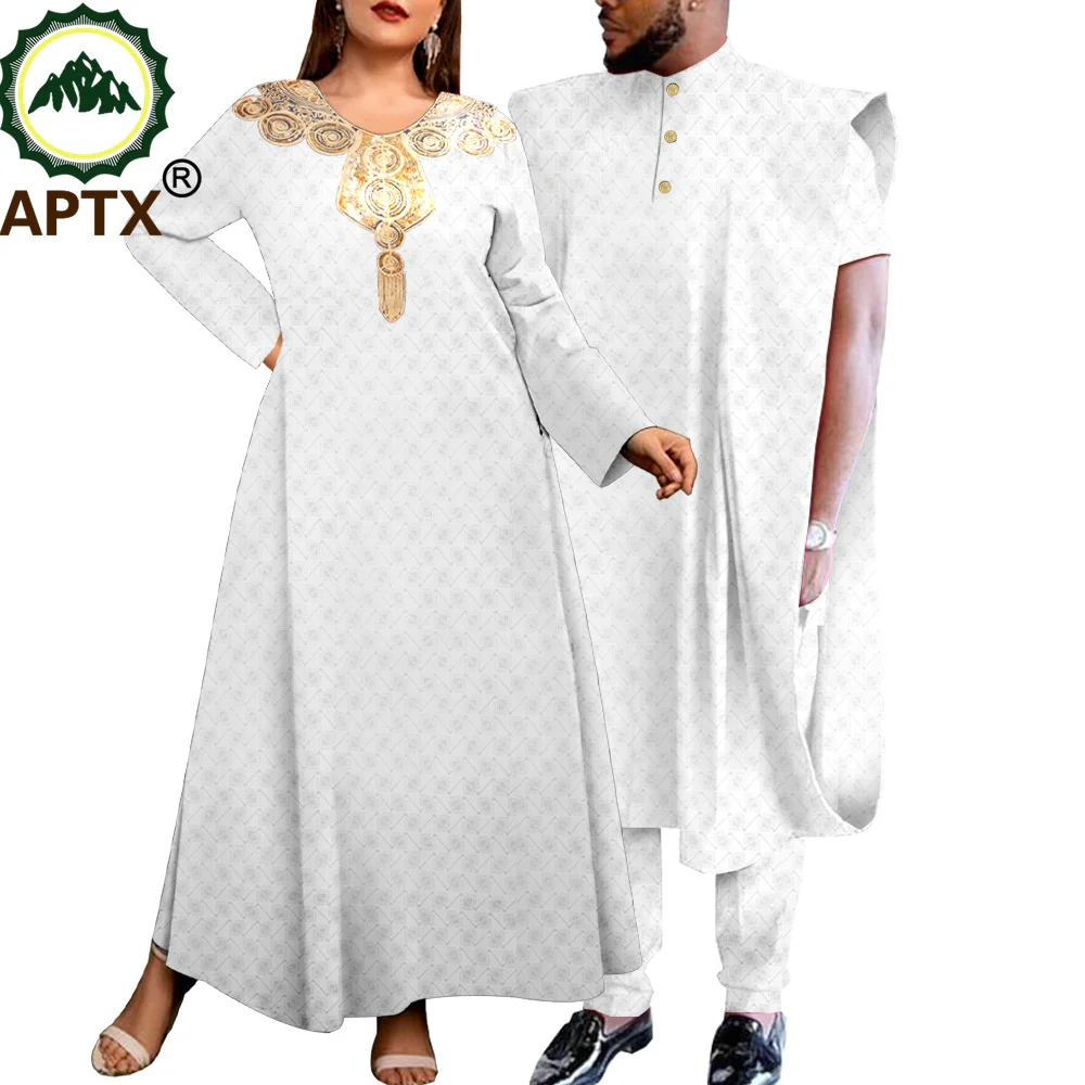 

African Couple Clothes Men Set 3 Piece Women Fashion Dress Full Sleeve Long Skirt O-neck Ankara Riche Attire Causal Wear T23C008