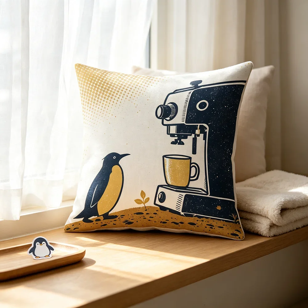 1PC Digital Print Pillow Cover, Blue Yellow Penguin Coffee Maker Art, Retro Halftone Cushion Case for Nursery Kids Room Decor