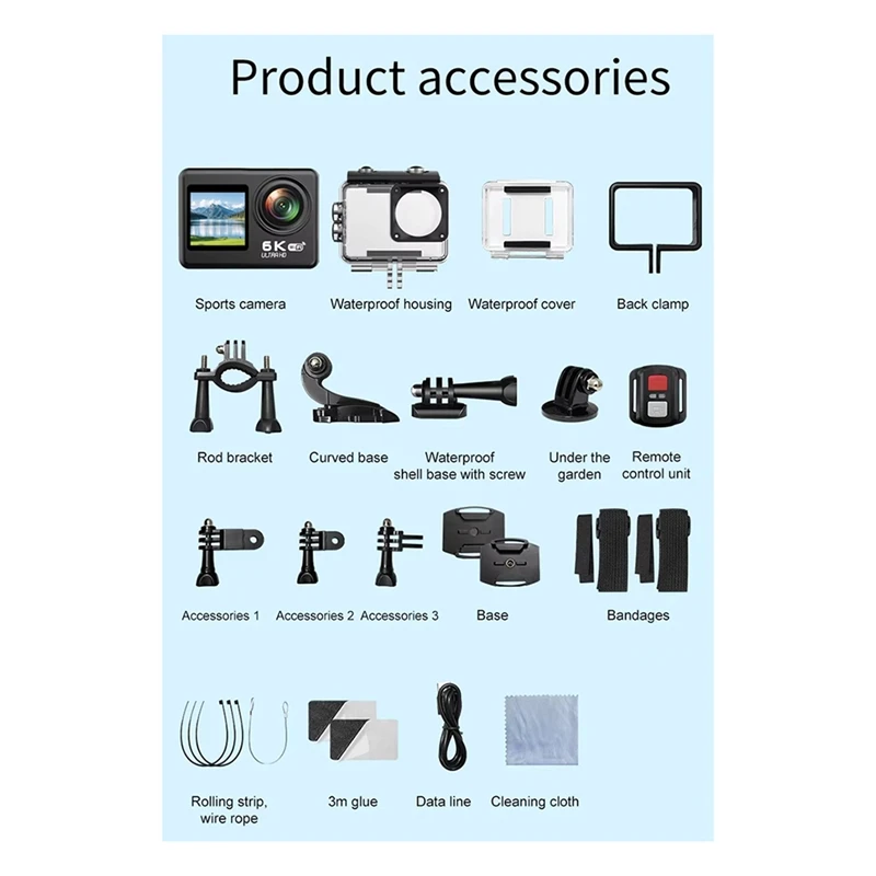 V6R 6K Ultra HD Action Camera Dual Screen 30fps WIFI 30M Waterproof EIS Anti-Shake Loop Recording Advanced Sports Cam-VVBC