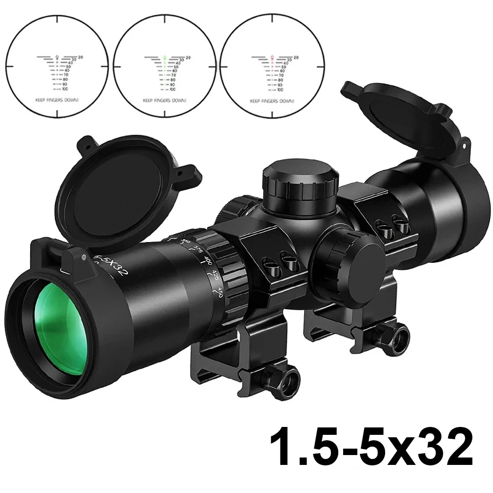 1.5-5x32 Crossbow Scope Crossbow Short Hunting Riflescope Red Dot Green Illuminated Optical Sight Range Finder Reticle