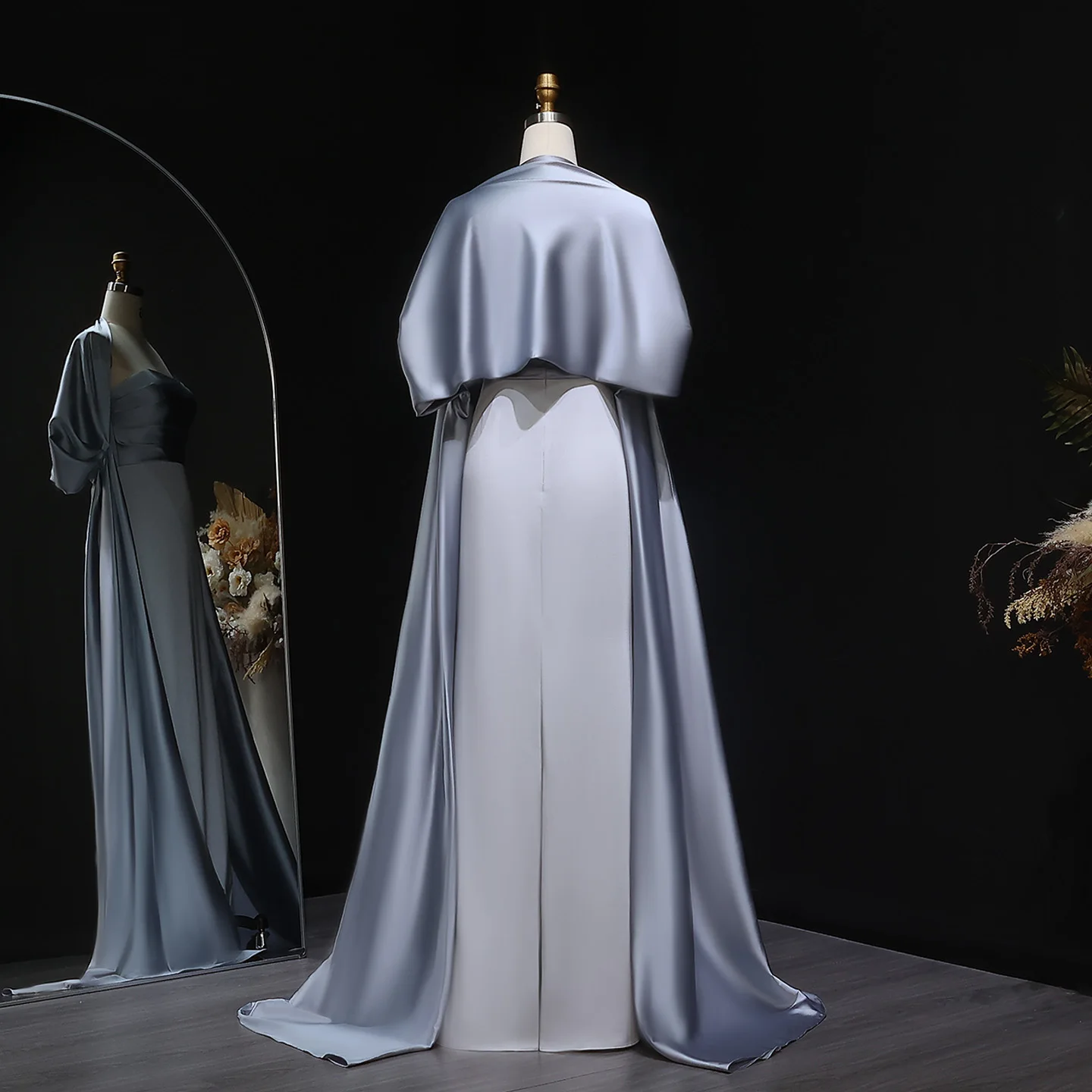 Sharon Said Elegante abito da sera in raso grigio con mantello Abiti da festa di nozze da donna modesti SF071 personalizzati