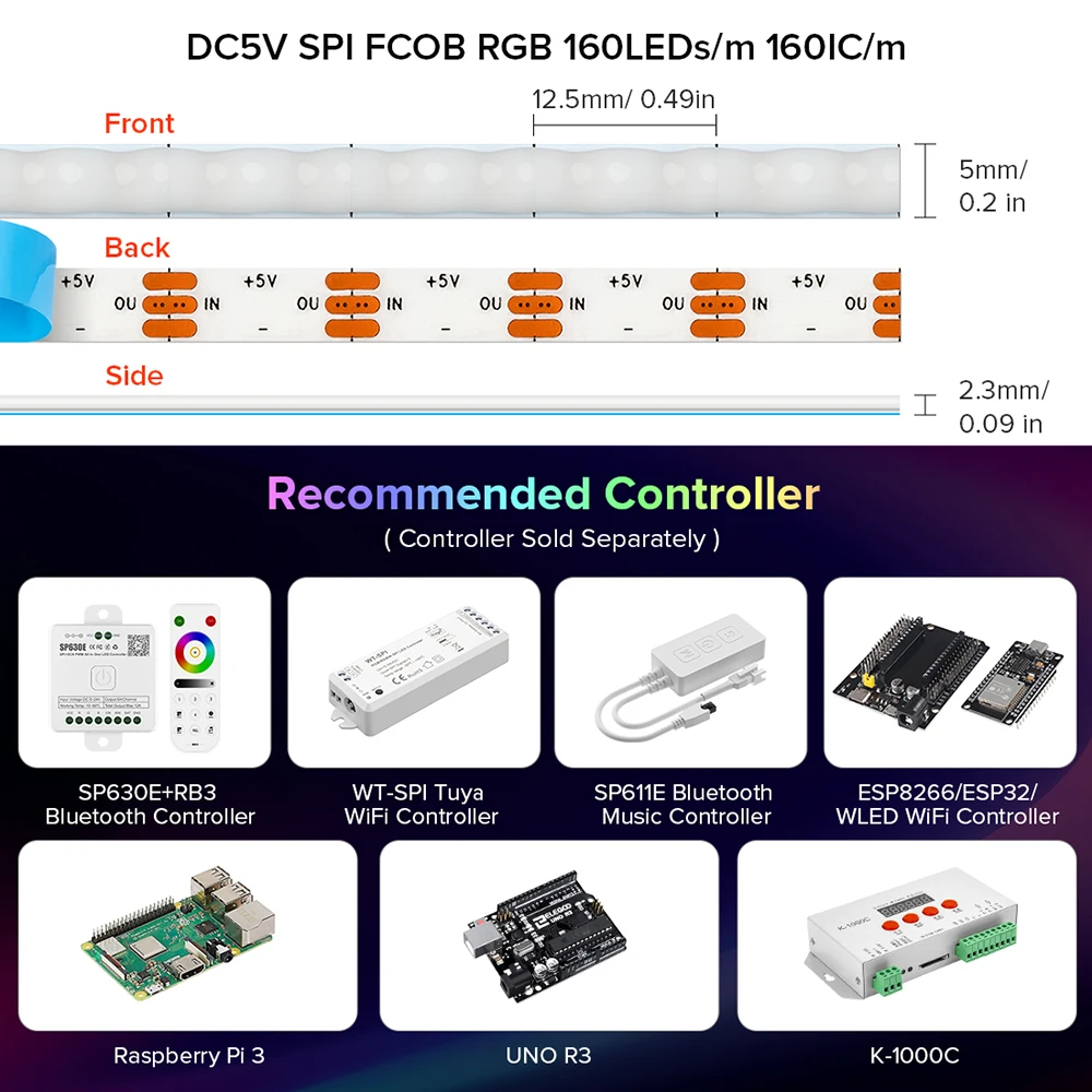 FCOB Rgbic Strip Pixel indywidualnie adresowalne 160 diod LED/m RGB Dream Full Color 5mm 1M/2M o wysokiej gęstości elastyczne światła COB DC5V