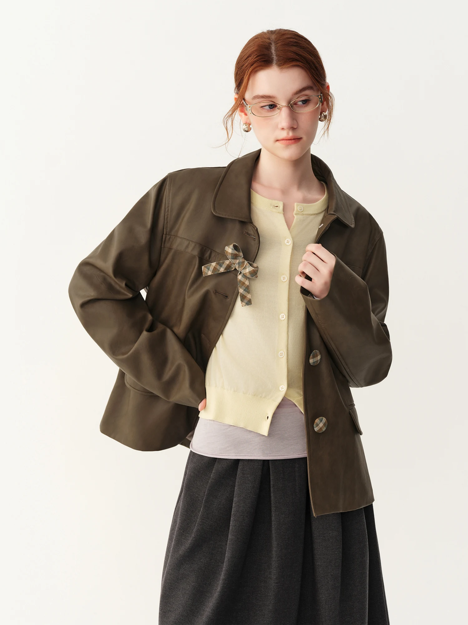 FSLE 2026 Winter New Women Preppy‑Style Peter Pan Collar Coffee PU Leather Coat Plaid Spliced Vintage Casual Faux Leather Jacket