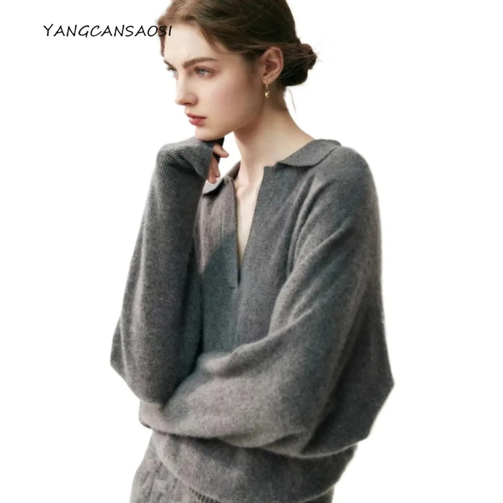 

Autumn/Winter Women's Fashion Clothing Vintage Style 100% Cashmere Polo Scissor Neck French Lazy Style Wool Bottoming Sweater