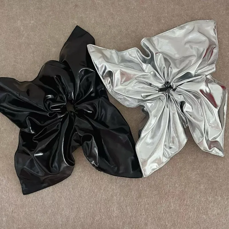 Silbernes Leder-Haarband mit quadratischem Schal, hochelastischer Haarschmuck für Frauen – Detail 5