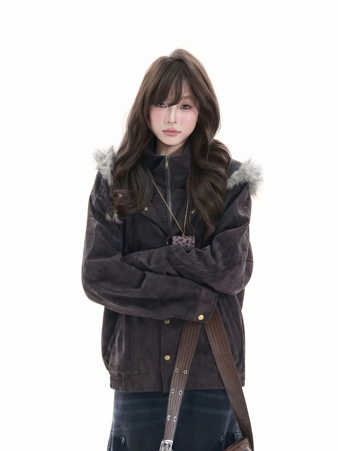 Vintage Mocha Brown Suede Hooded Jacket Unisex Double Layer Fur Trim Button Front Loose Fit Casual Versatile Streetwear Coat