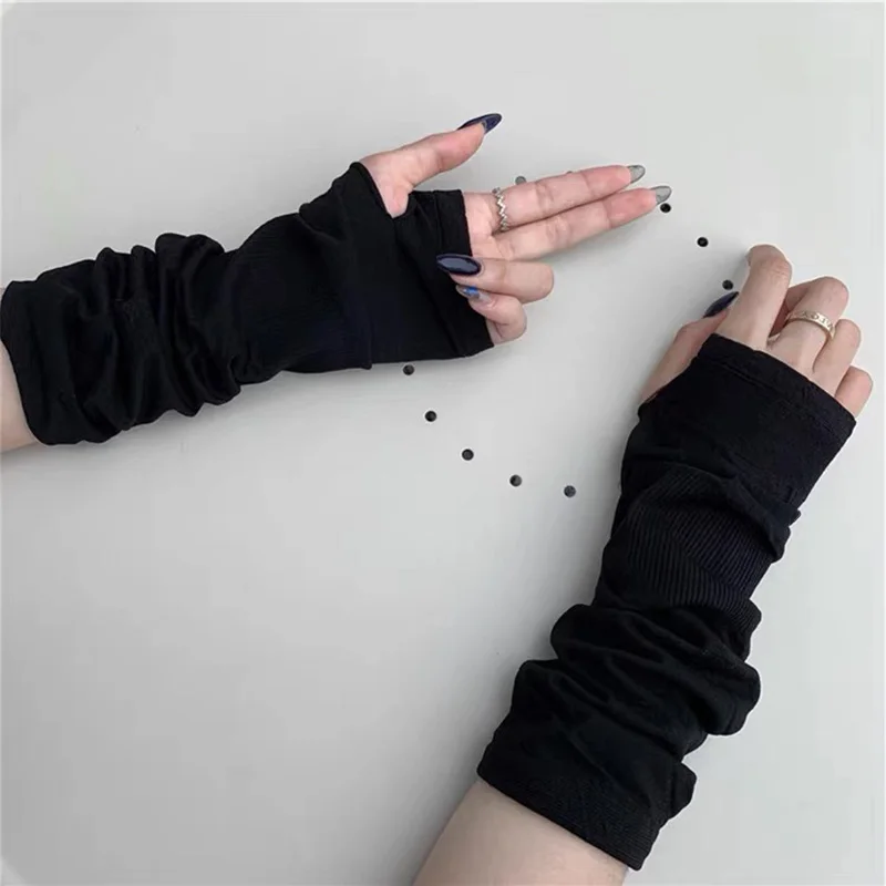 Black Kpop Long Fingerless Gloves Oversleeve Men Women Gothic Stripe Knitted Soft Skin Friendly Gloves Stretch Winter Arm Warmer