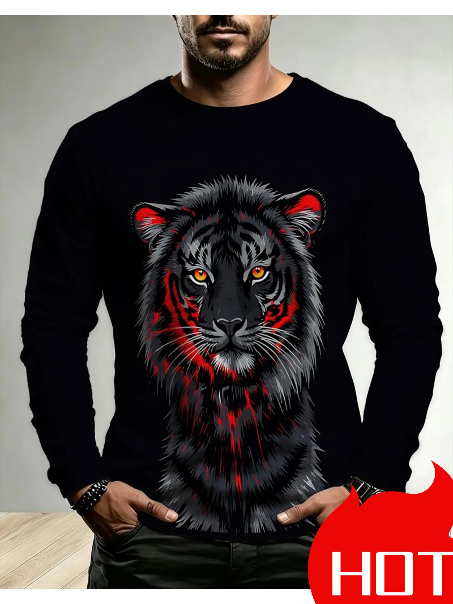 Animal Tiger Head Printed Long Sleeved Black T-shirt Casual Streetwear Tee Men's Cool Wild Animal Pattern Sports Top