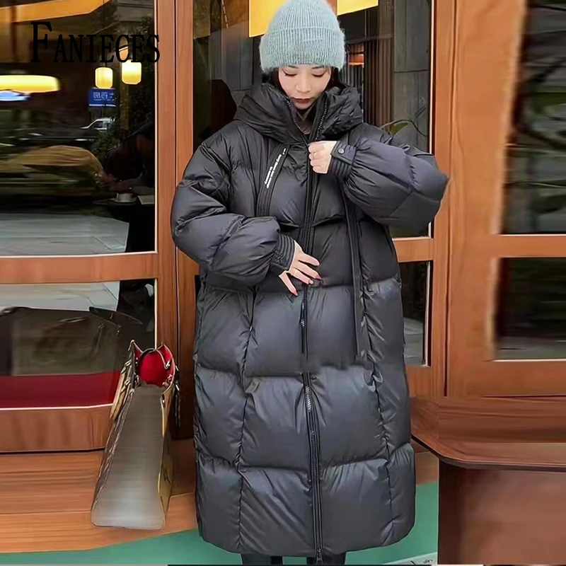 

пуховик женский зимний Warm Winter Women Coat Long Jacket Korea Oversized Loose Hooded Coats Female Casual Long Overcoat 다운패딩