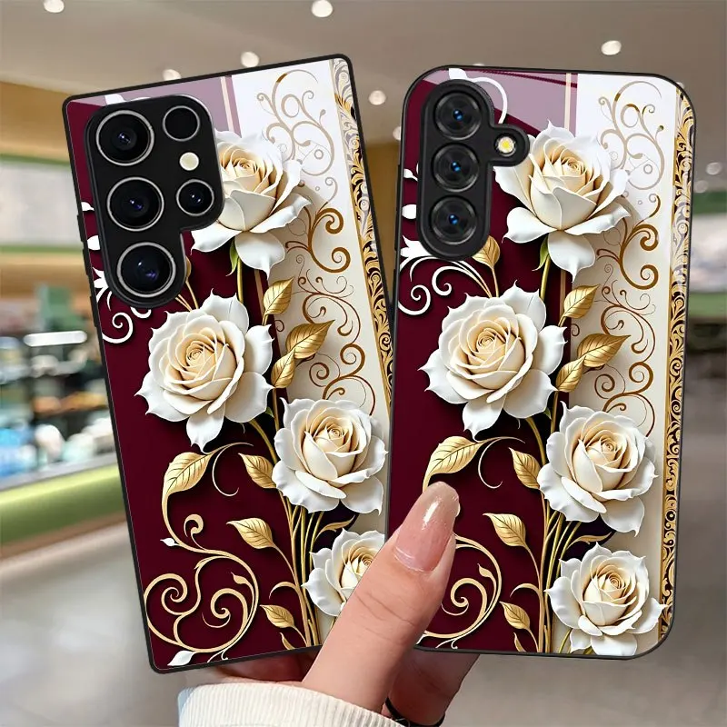 Luxury Floral Rose Gold Glass phone case mobile phones fashion phone cases for Samsung Galaxy S26 S25 S24 S23 S22 FE,Ultra,Plus