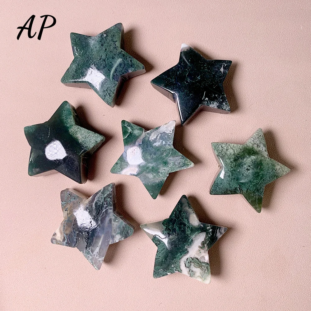 1pc Natural Crystal Green Water Grass Agate Small Pentagram Star Moss Agate five-pointed Star Gem Crafts Children's Day gifts