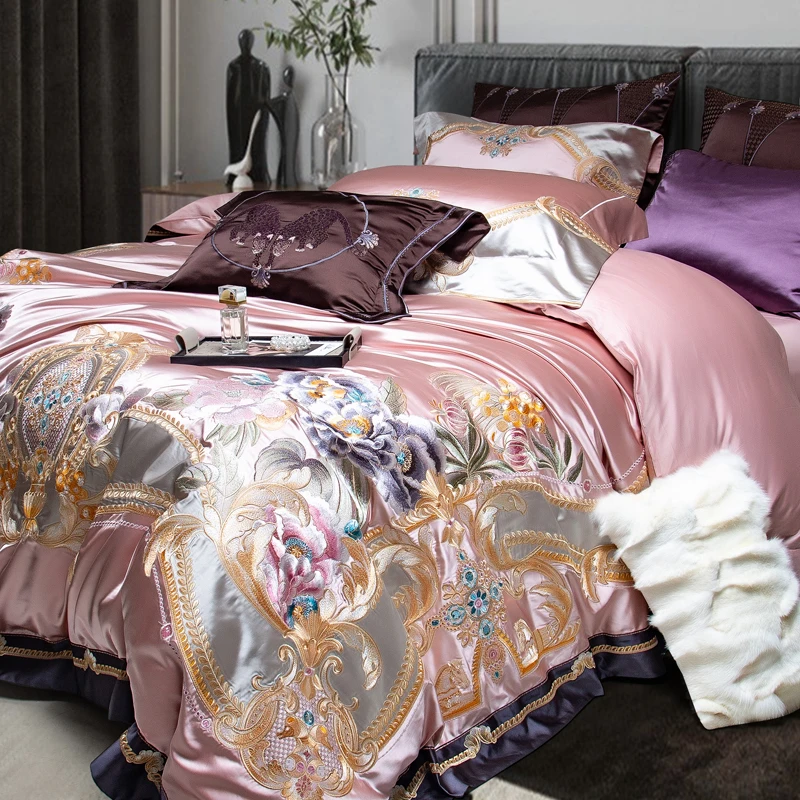 4/6/9Pcs Pink Purple Gorgeous Embroidery European Palace Bedding Set Brocade Egyptian Cotton Duvet Cover Bed Sheet Pillowcases