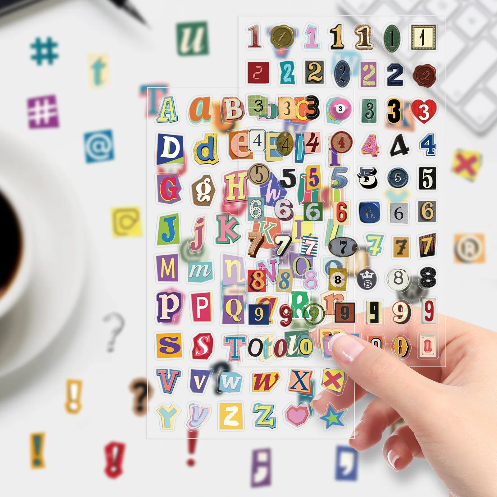 5Pcs Collage Number Letter Transparent Stickers Vintage Punctuation PET Waterproof Decals for Journal Laptop Phone Case Gift