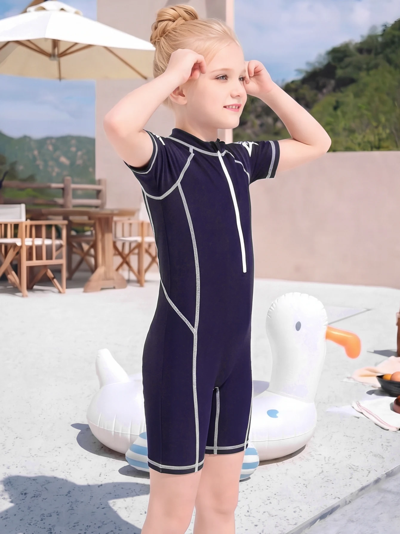 Unisex Boys Girls One Piece Swimsuit Short Sleeve Zipper UPF50+ Rash Guard Star Print Quick Dry Kids Bathing Suit for Beach Pool
