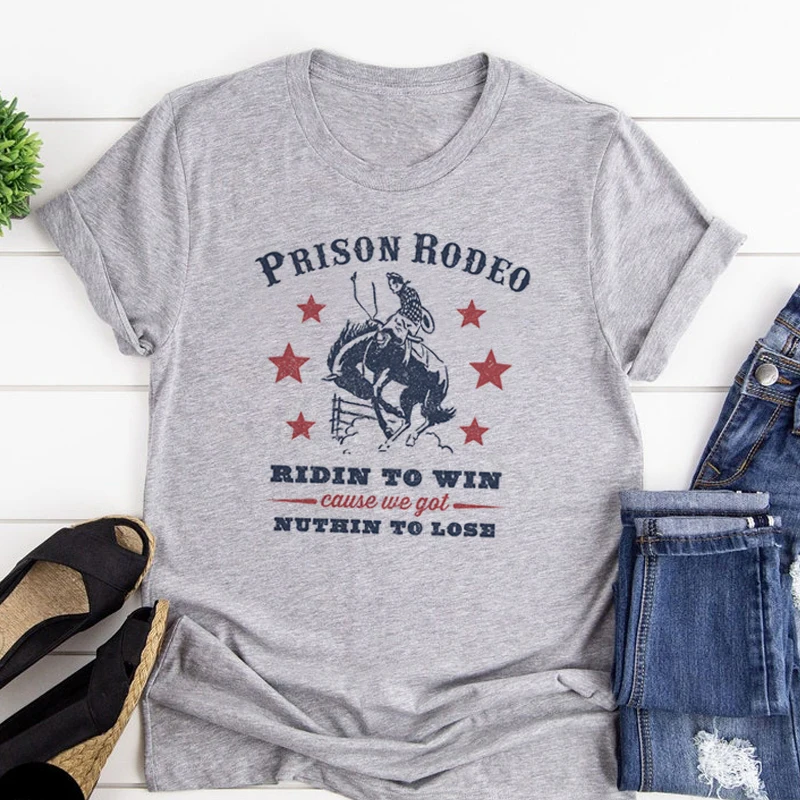 Prison Rodeo T-Shirt Women Three Cherub Funny Women Stylish Letter Print Summer Cotton Short Sleeve Tees