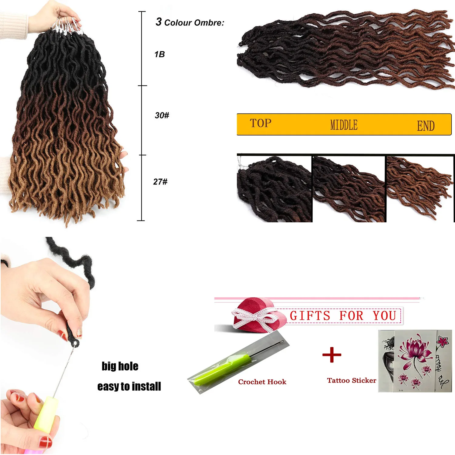 Tresses synthétiques bouclées au crochet pour femmes noires, faux dreadlocks doux, mèches gitanes, cheveux ombrés noirs et bruns, 18 po