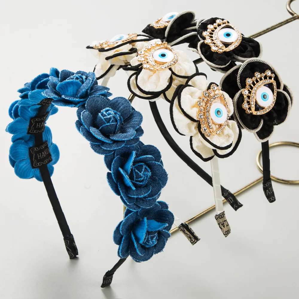 

Fashion New Diamond Devil's Eye Headband Female Personality Denim Fabric Camellia Decoration Ball Headband