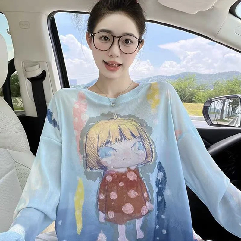 

Female Casual Korean Printing O-neck Sunscreen T-Shirts Spring Autumn All-match Cartoon Long Sleeve Top Tee Women Clothes Tshirt