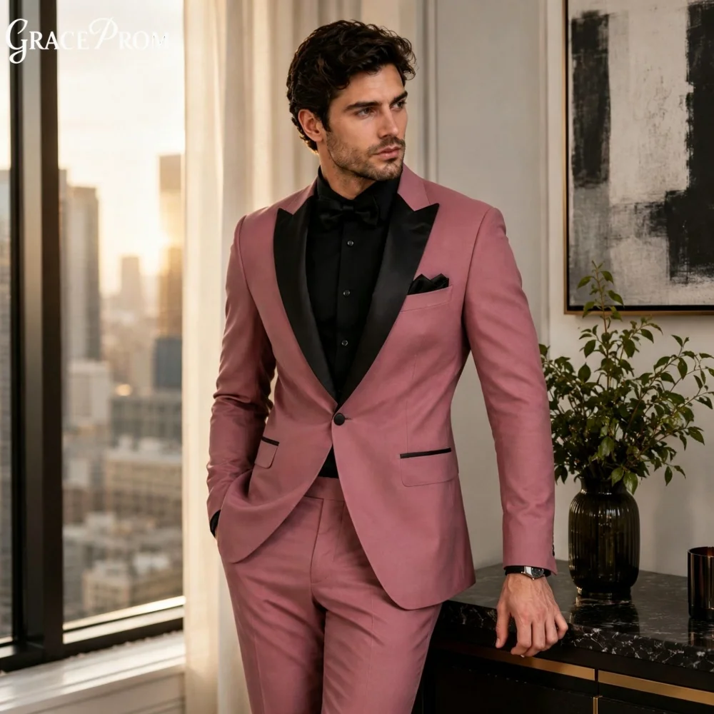 Trendy Dusty Pink Black Lapel Men Suit Set 2PCS 2027 For Wedding Formal Business Groom And Best Man Outfit Customized Men's Suit