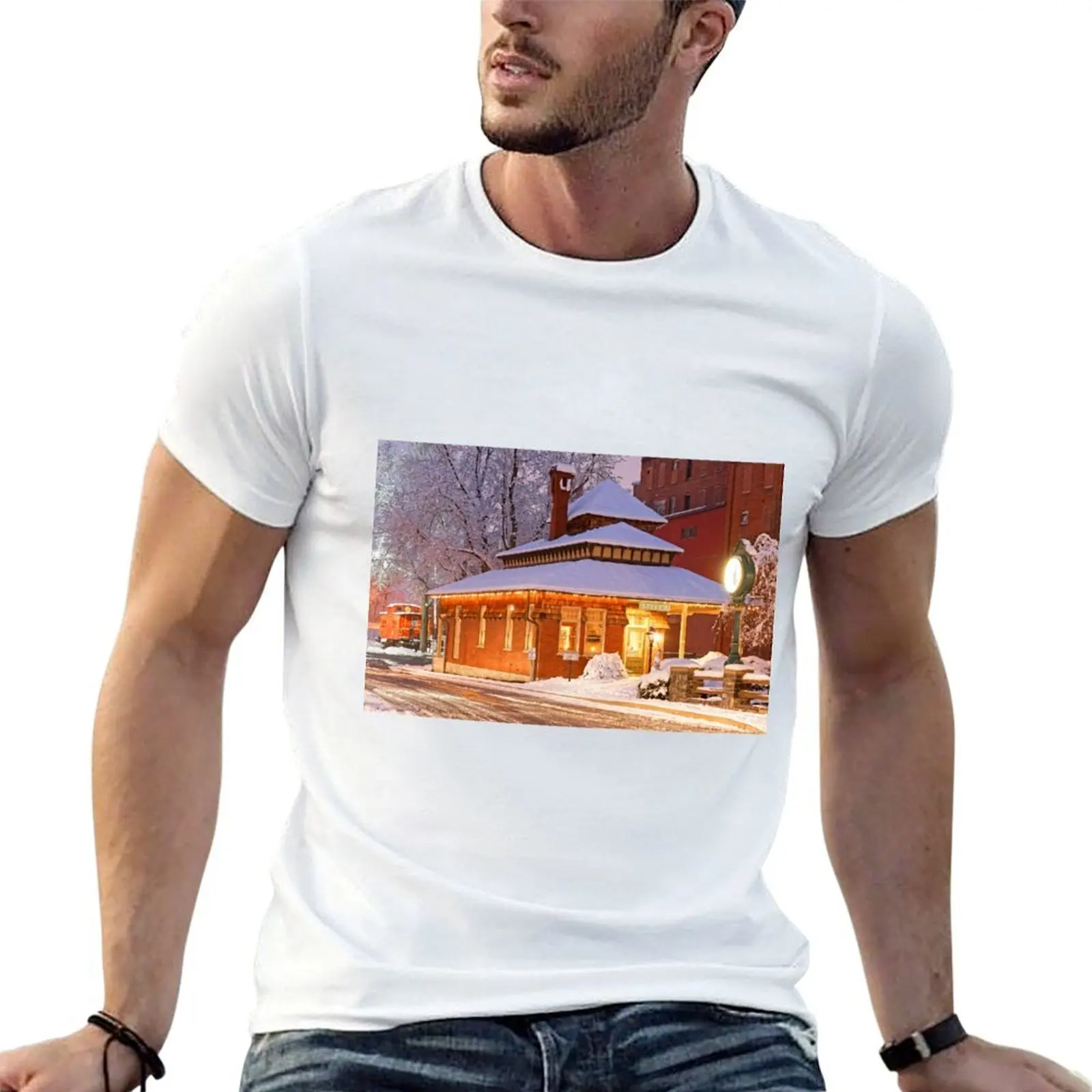 Old Railroad Station with Snow T-Shirt man t shirts graphic funny t shirts cotton man t shirt heavy cotton T-shirt